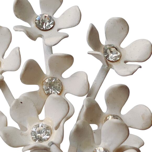 VTG Mid Century Enamel Dogwood Brooch Rhinestones Flowers Gold Tone Floral Pin - Picture 3 of 10